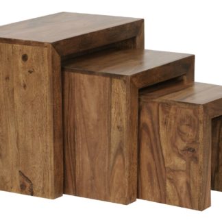 3er Set Satztisch Massiv-Holz Sheesham Wohnzimmer-Tisch Landhaus-Stil Beistelltisch dunkel-braun Naturholz