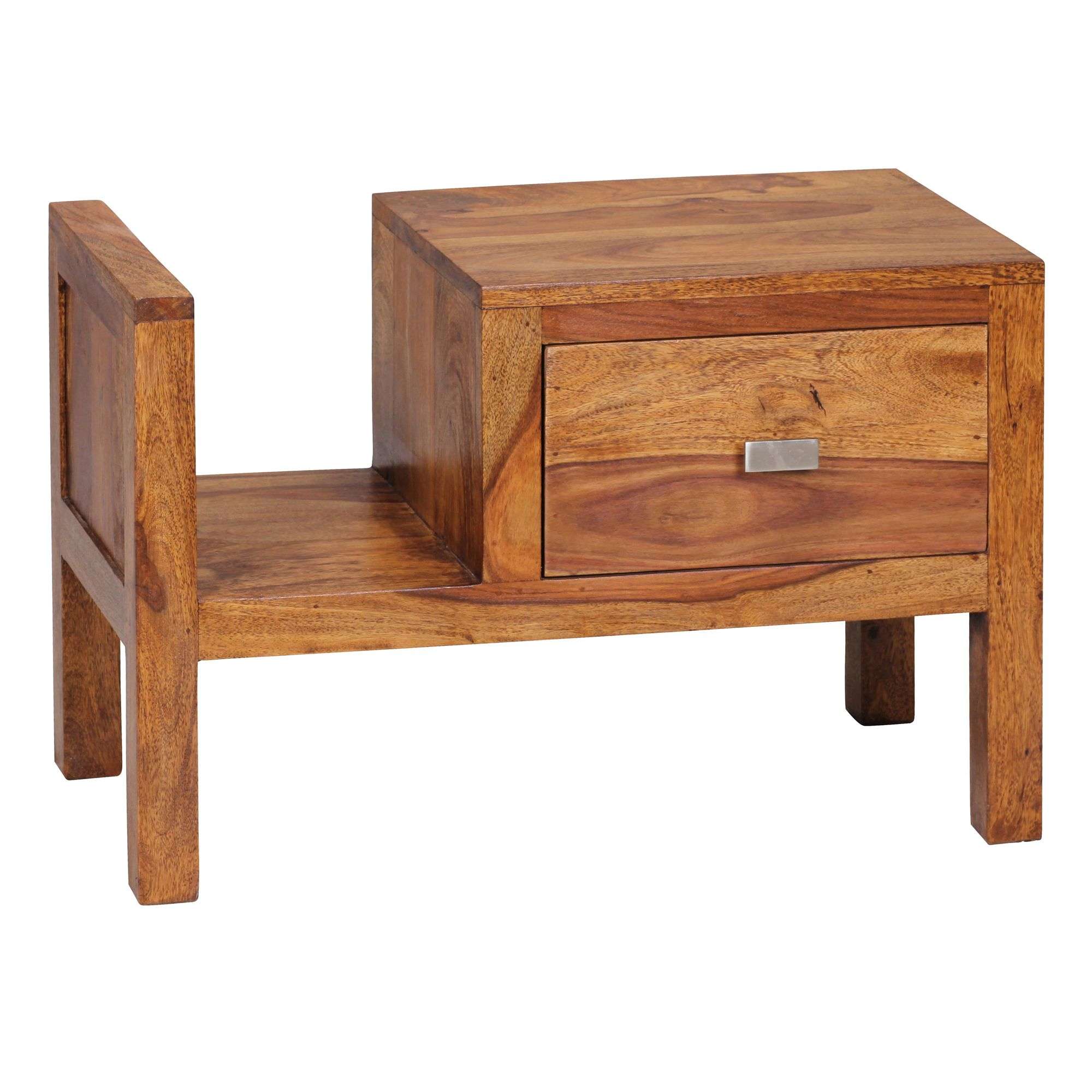 Wohnling Nachttisch MUMBAI Massiv-Holz Sheesham Nacht-Kommode 40 cm hoch Schublade mit Zeitungsablage Nachtschrank Echt-Holz
