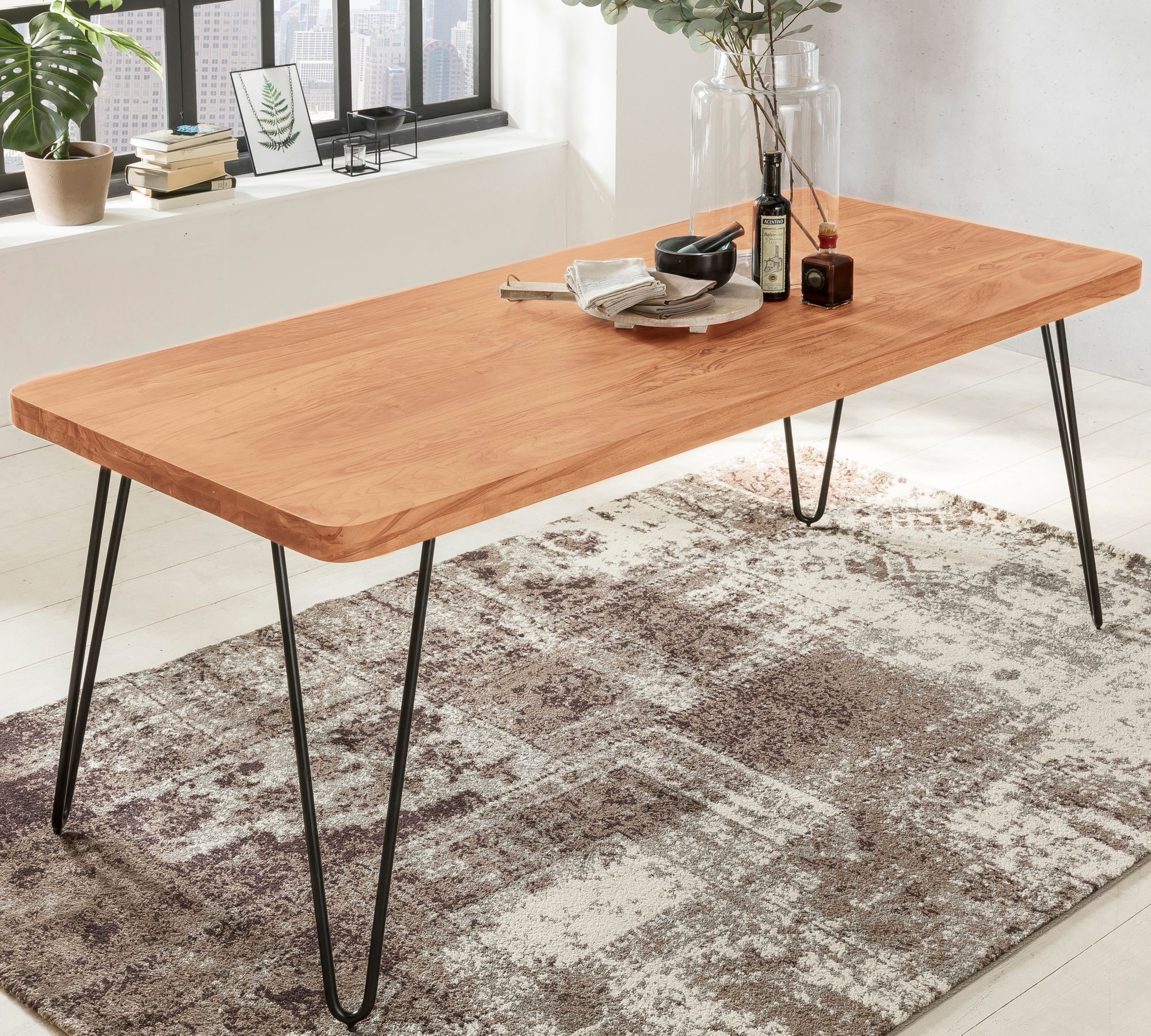 Esstisch BAGLI Massivholz Akazie 48 x 48 x 48 cm Esszimmer-Tisch  Küchentisch modern Landhaus-Stil Holztisch mit Metallbeinen dunkel-braun