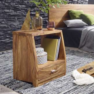 Nachttisch MUMBAI Massiv-Holz Sheesham Nacht-Kommode 53 cm 1 Schublade Ablage Nachtschrank Landhaus-Stil Echt-Holz