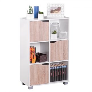 Design Bücherregal MASSA Modern Holz Weiß mit Türen Sonoma Eiche Standregal freistehend 6 Fächer 60 x 90 x 30 cm