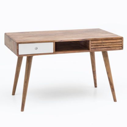 Schreibtisch REPA weiß 120 x 60 x 75 cm Massiv Holz Laptoptisch Sheesham Natur | Landhaus-Stil Arbeitstisch mit 2 Schubladen | Bürotisch PC-Tisch