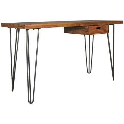 Schreibtisch BAGLI braun 130 x 60 x 76 cm Massiv Holz Laptoptisch Sheesham Natur | Landhaus-Stil Arbeitstisch mit Ablage | Bürotisch PC-Tisch