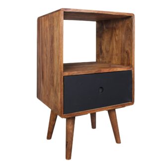Retro Nachtkonsole REPA / Sheesham-Holz Nachttisch mit Schublade dunkelbraun / schwarz | Design Nachtkästchen 40 x 35 x 70 cm | Großes Nachtschränkchen