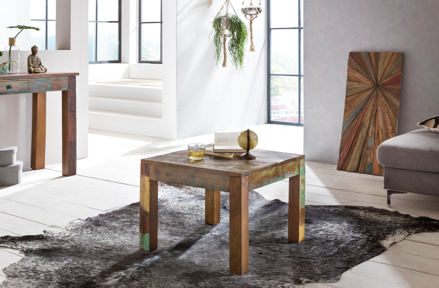 Couchtisch KALKUTTA 45 x 45 x 45 cm  Massivholz Beistelltisch Shabby-Chic   Wohnzimmer Tisch aus Bootsholz  Sofatisch quadratisch