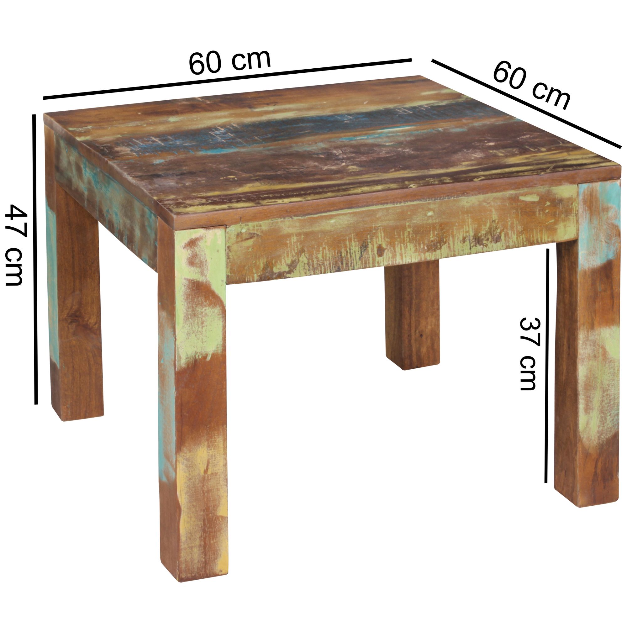 Couchtisch KALKUTTA 45 x 45 x 45 cm  Massivholz Beistelltisch Shabby-Chic   Wohnzimmer Tisch aus Bootsholz  Sofatisch quadratisch