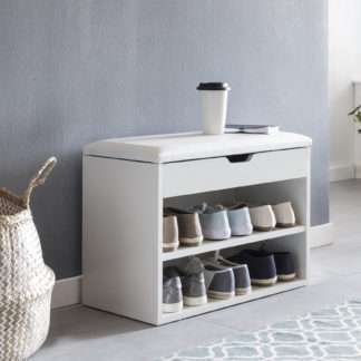 Schuhbank SOFIA mit Sitzfläche Weiß Garderoben-Bank Holz 60 x 40 x 30 cm | Holzbank klein gepolstert | Sitzbank schmal Flur mit Stauraum | Truhenbank Schuhtruhe Flurmöbel