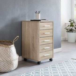 Rollcontainer LISA Sonoma 33 x 63 x 38 cm Holz Schubladenschrank Schreibtisch | Büro Schrank mit 5 Schubladen | Container Rollschrank klein Standcontainer schmal | Schreibtischcontainer mit Rollen