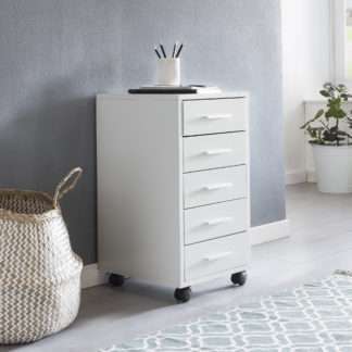 Rollcontainer LISA Weiß 33 x 63 x 38 cm Holz Schubladenschrank Schreibtisch | Büro Schrank mit 5 Schubladen | Container Rollschrank klein Standcontainer schmal | Schreibtischcontainer mit Rollen