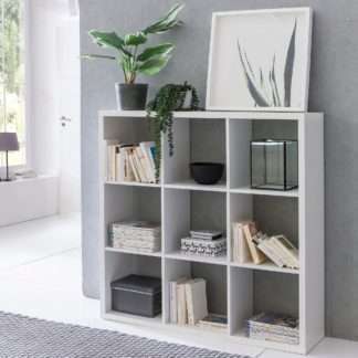 Würfelregal EDDIE 112x29x112 cm Bücherregal mit 9 Fächern Weiß Standregal Holz Regal freistehend | Ordnerregal Raumteiler Würfel-Regal modern | Offenes Aufbewahrungsregal