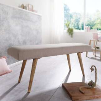 Sitzbank SALIM Stoff / Massivholz Bank Beige 117x51x38 cm im Retro Stil | 2er Polsterbank Flur | Gepolsterte Stoffbank Esszimmer Braun | Kleine Bettbank Baumwolle | Flurbank Dielenmöbel schmal