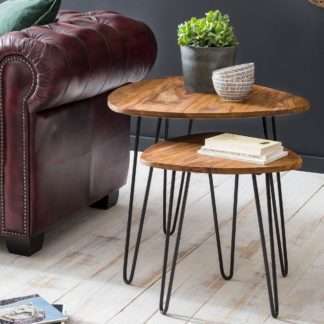 Design Satztisch Sheesham Metall Beistelltisch 2er Set Klein | Couchtisch Set 2 Holz Tische | Massivholz Wohnzimmertisch Metallgestell | Schmaler Sofatisch Palisander Ablagetisch