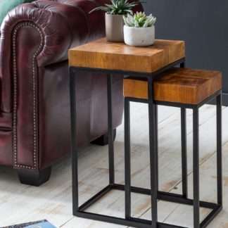 Design Satztisch Sheesham Metall Beistelltisch 2er Set Klein | Couchtisch Set 2 Holz Tische | Massivholz Wohnzimmertisch Metallgestell | Schmaler Sofatisch Palisander Ablagetisch