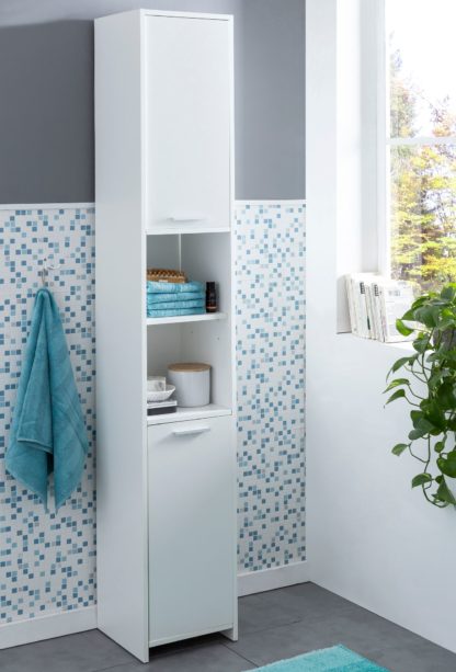 5 x 190 x 30 cm Weiß | Badezimmerschrank mit 2 Türen | Beistellschrank Mehrzweckschrank | Bad Schrank Schmal | Badezimmer Standregal Hoch