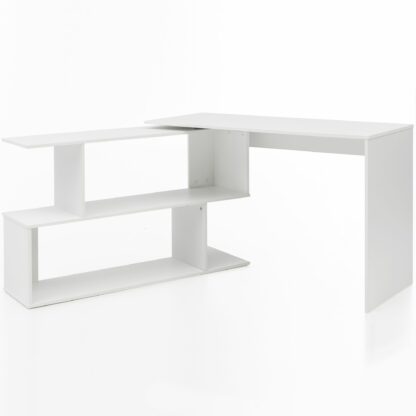 Design Schreibtisch Weiß Matt 119 x 78 x 49 cm mit Ablage Regal | Eckschreibtisch mit Aufbewahrung Drehbar Modern | Weißer Computer-Tisch Groß Fach Stauraum Winkelkombination