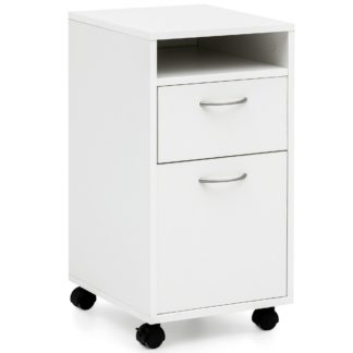 Rollcontainer Weiß 33x63x38 cm Schreibtisch-Unterschrank Holz | Roll-Kommode Modern | Bürocontainer Schubladenschrank mit Tür | Kleiner Schreibtischschrank mit Rollen