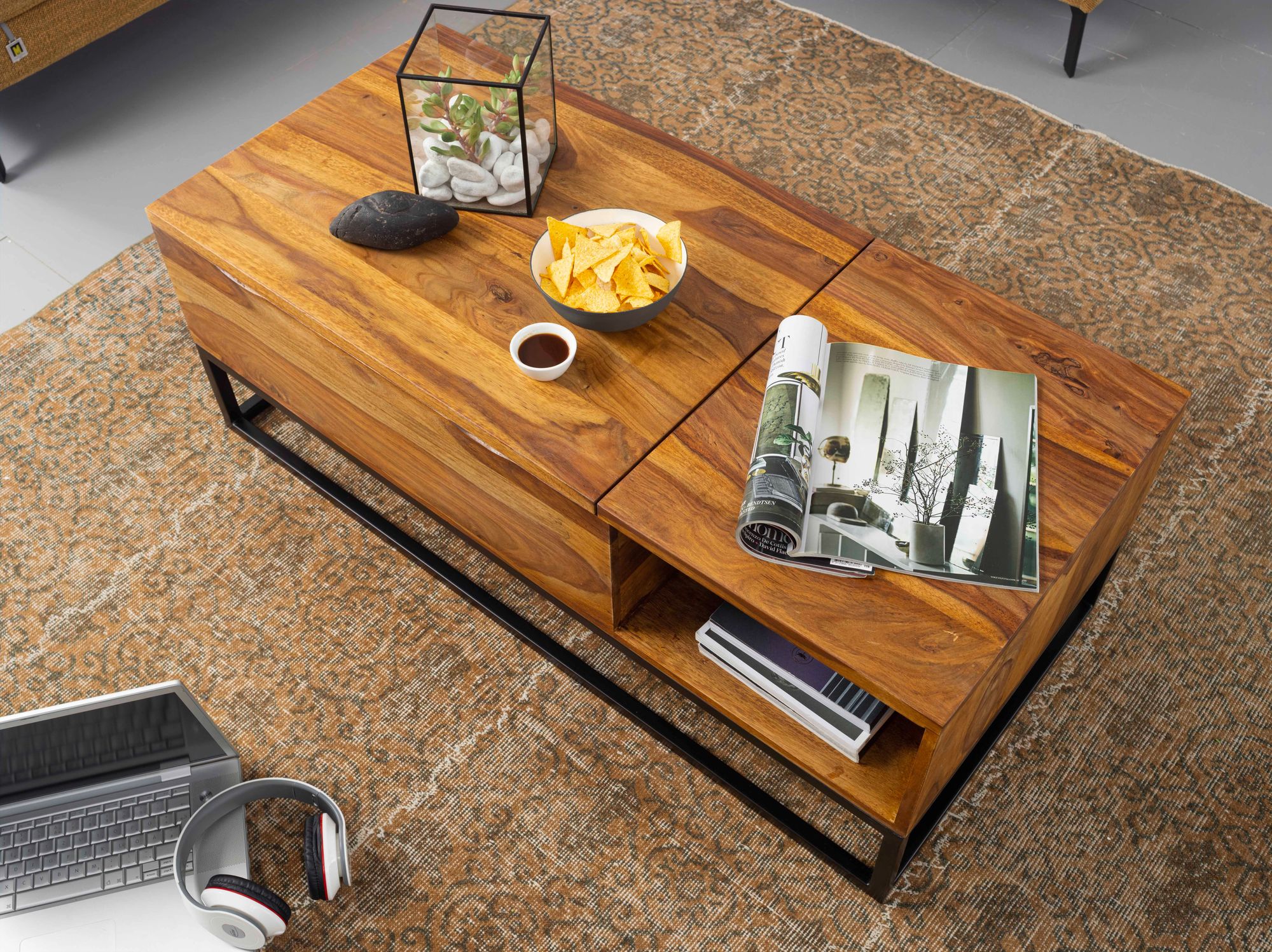 Couchtisch Sheesham Massivholz 33x33x33 cm Sofatisch mit Metallbeinen   Wohnzimmertisch Tischplatte aufklappbar  Holztisch Tisch Industrial Design