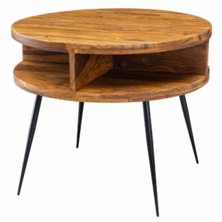 Couchtisch Sheesham Massivholz / Metall 60x45x60 cm Tisch Wohnzimmer | Design Beistelltisch mit Ablage | Kleiner Wohnzimmertisch Rund Braun