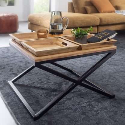 5x60 cm Akazie Massivholz / Metall Tabletttisch | Design Wohnzimmertisch Quadratisch | Sofatisch Massiv | Kleiner Tisch Wohnzimmer