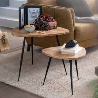 2er Set Satztisch Akazie Massivholz / Metall Couchtisch Klein | Design Beistelltisch Set Zwei Holz-Tische | Wohnzimmertisch Tisch Metallgestell