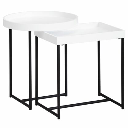 Satztisch 2er Set Weiß Holz/Metall Beistelltische Modern | Design Tabletttisch 2-Teilig | Kleine Couchtische mit Ablage | Dekotische Rund und Rechteckig | Coole Tische für Wohnzimmer
