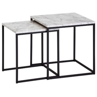 Design Beistelltisch 2er Set Marmor Optik Weiß | Couchtisch 2 teilig Tischgestell Schwarz | Kleine Wohnzimmertische | Moderne Satztische