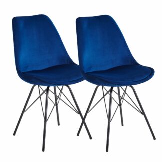 Esszimmerstuhl 2er Set Samt Blau Küchenstuhl mit schwarzen Beinen | Schalenstuhl Skandinavisches Design | Polsterstuhl mit Stoffbezug | Stuhl Gepolstert