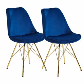 Esszimmerstuhl 2er Set Samt Blau Küchenstuhl mit goldenen Beinen | Schalenstuhl Skandinavisches Design | Polsterstuhl mit Stoffbezug | Stuhl Gepolstert