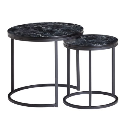 Design Beistelltisch 2er Set Schwarz Marmor Optik Rund | Couchtisch 2-teilig Tischgestell Metall  | Kleine Wohnzimmertische | Moderne Satztische