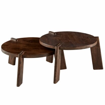 Design Couchtisch 2er Set Mango Massivholz Wohnzimmertisch Dunkel | Satztisch Holztisch Rund Beistelltisch | Tischset 2-teilig Kaffeetisch Holz