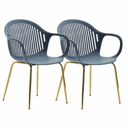Design Esszimmerstuhl 2er Set Blau Kunststoff mit goldenen Metallbeinen | Küchenstuhl Skandinavisch mit Armlehne | Retro Essstuhl Schalenstuhl Esszimmer