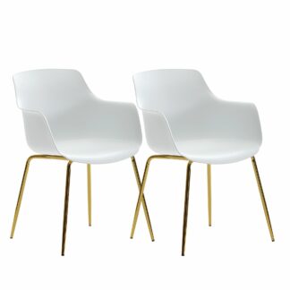 Design Esszimmerstuhl 2er Set Weiß Kunststoff mit goldenen Metallbeinen | Küchenstuhl Skandinavisch mit Armlehne | Retro Essstuhl Schalenstuhl Esszimmer