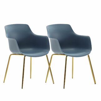 Design Esszimmerstuhl 2er Set Blau Kunststoff mit goldenen Metallbeinen | Küchenstuhl Skandinavisch mit Armlehne | Retro Essstuhl Schalenstuhl Esszimmer