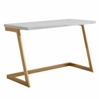 Schreibtisch 120x55x76 cm Hochglanz Weiß / Gold PC-Tisch mit Metallbeine | Design Computertisch | Home-Office Bürotisch | Konsolentisch Modern