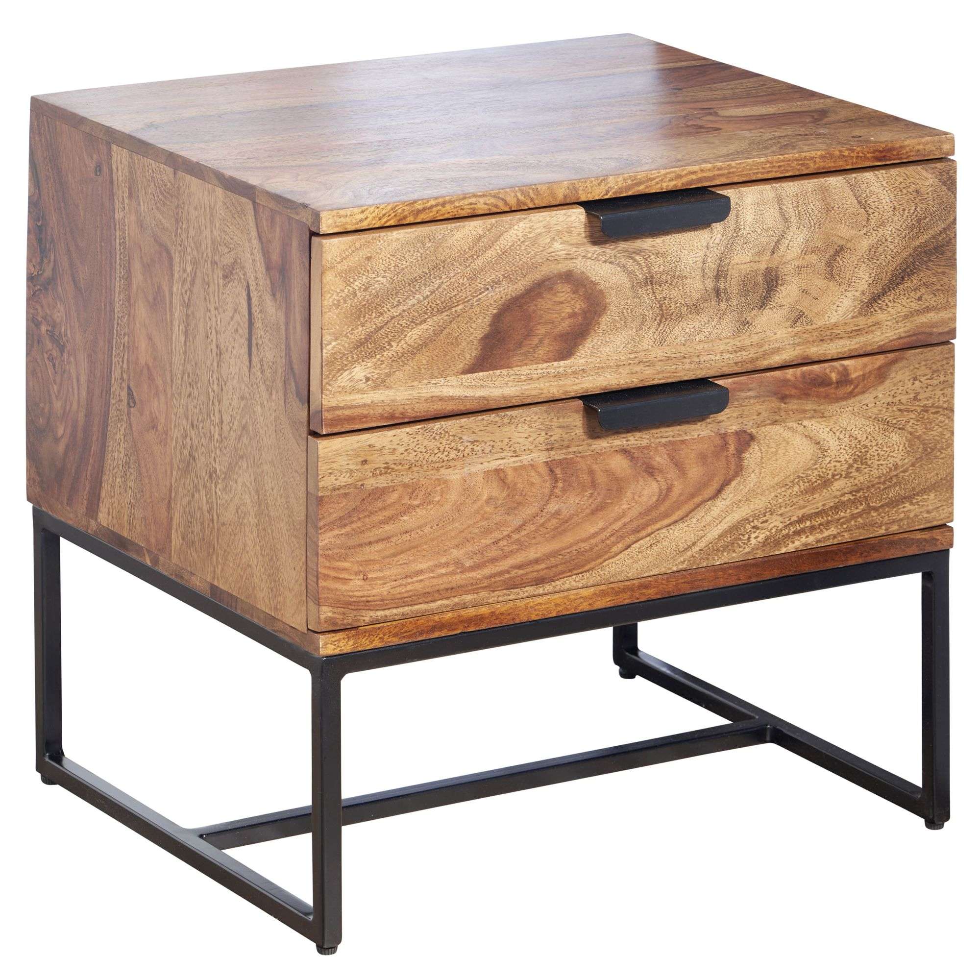 Wohnling Nachttisch Sheesham Massivholz / Metall 50x40x51 cm Nachtschrank Boxspringbett | Design Nachtkonsole mit 2 Schubladen | Nachtkommode Industrial mit Stauraum