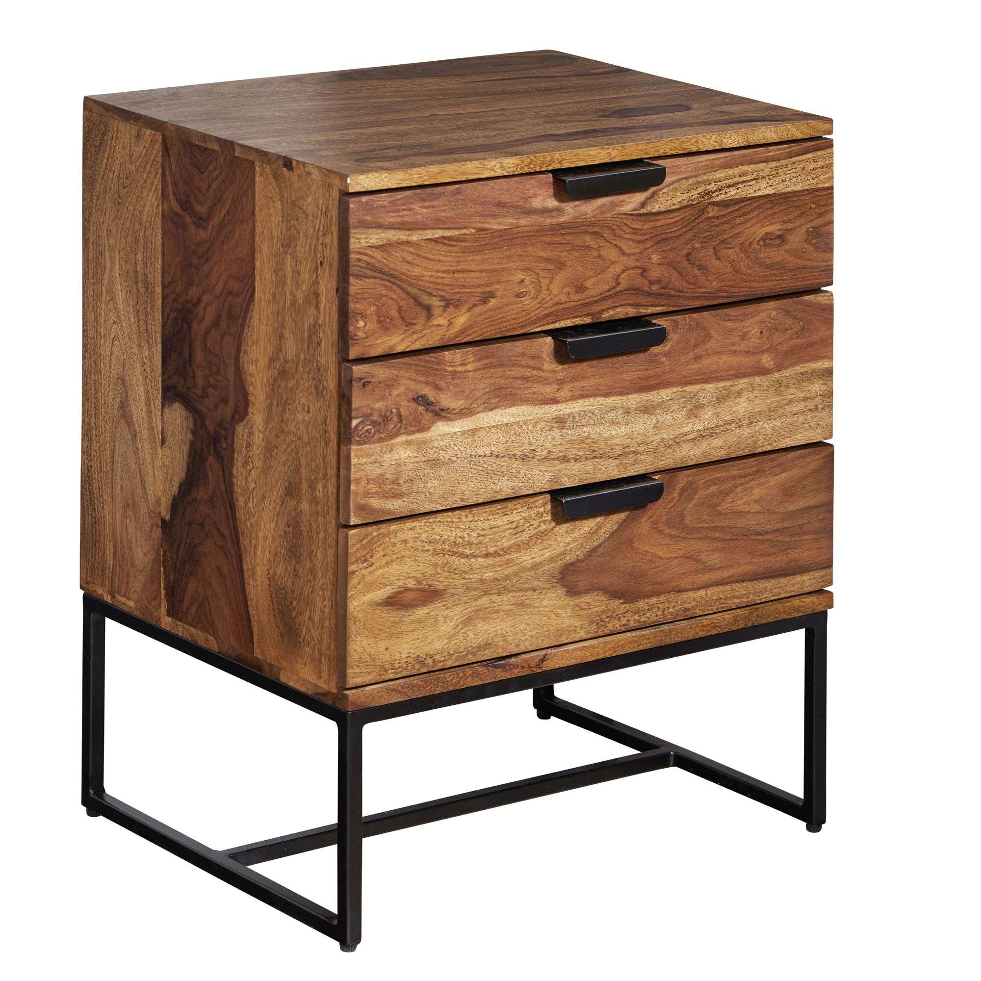 Wohnling Nachttisch Sheesham Massivholz / Metall 50x40x65 cm Nachtschrank Boxspringbett | Design Nachtkonsole mit 3 Schubladen | Nachtkommode Industrial mit Stauraum